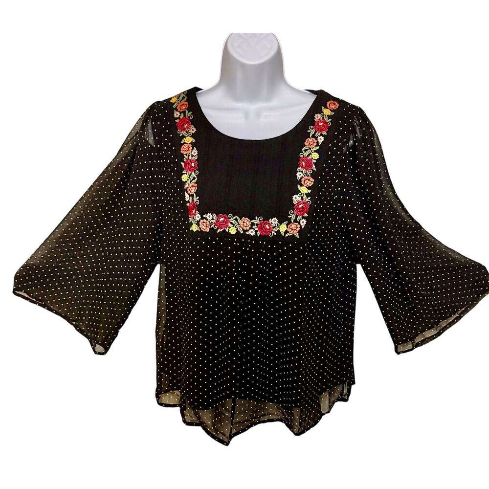 Savanna Jane Women's black floral embordered boho balloon blouse sleeve sz sm